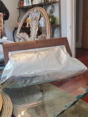 V By Eva Silver Faux Snakeskin Accent Clutch W/Wooden Closure